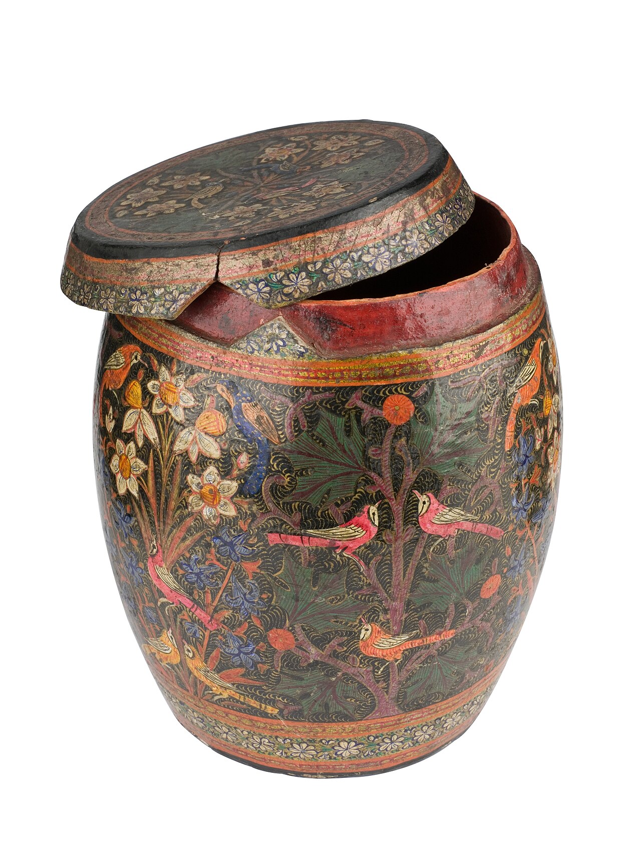 Box, lacquer in shape of a barrel, detachable lid beautifully painted externally with bird and floral design, one third full of dried frizzled henna leaves, from Turkish pharmacy, Persian, 1870-1920.