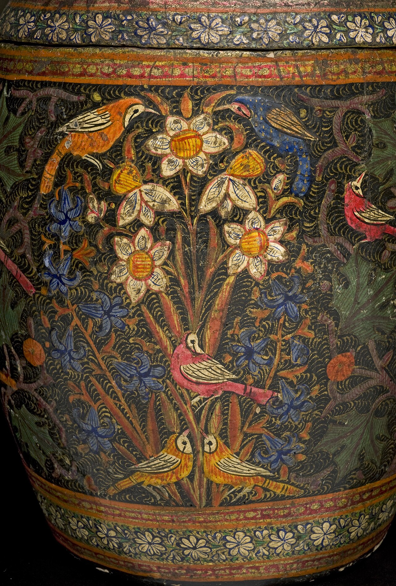 Box, lacquer in shape of a barrel, detachable lid beautifully painted externally with bird and floral design, one third full of dried frizzled henna leaves, from Turkish pharmacy, Persian, 1870-1920.