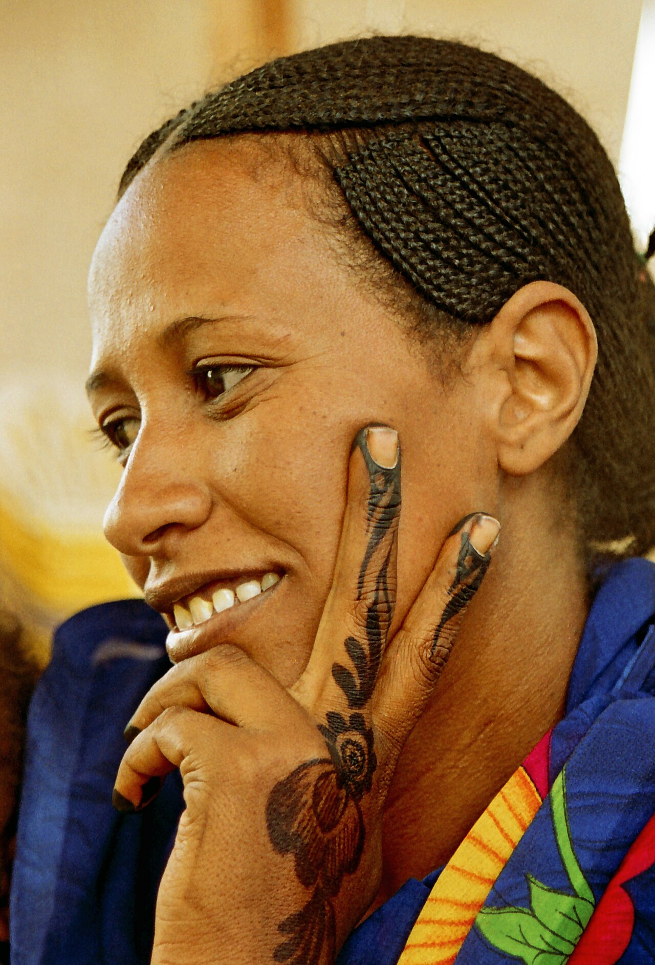Portrait of a Sudanese woman with traditional henna on her hands, Khartoum, Sudan, Africa
