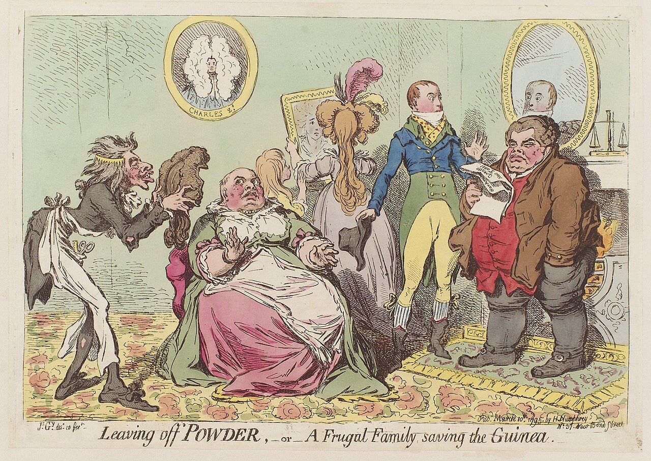 Leaving off powder, - or - a frugal family saving the guinea, by James Gillray (died 1815), published 1795. See source website for additional information."Leaving Off Powder, or A Frugal Family Savin
