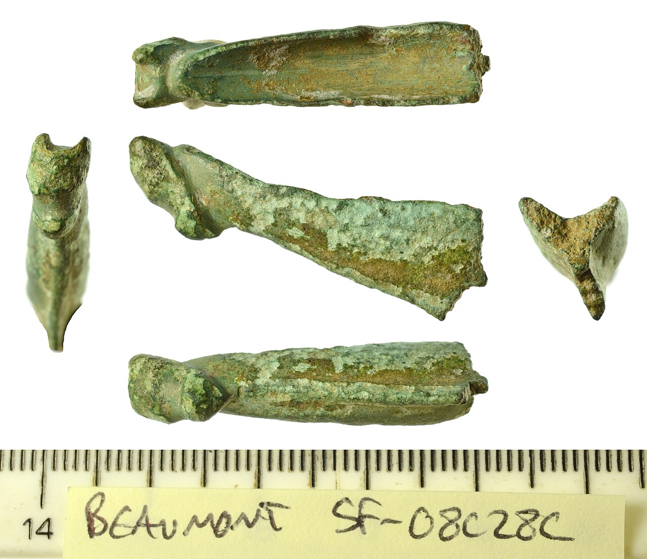 An incomplete copper-alloy cosmetic mortar of Iron Age to Roman date. Half of the bow and most of the suspension loop are missing due to old breaks. The bow is crescentic in form, U-shaped in cross se