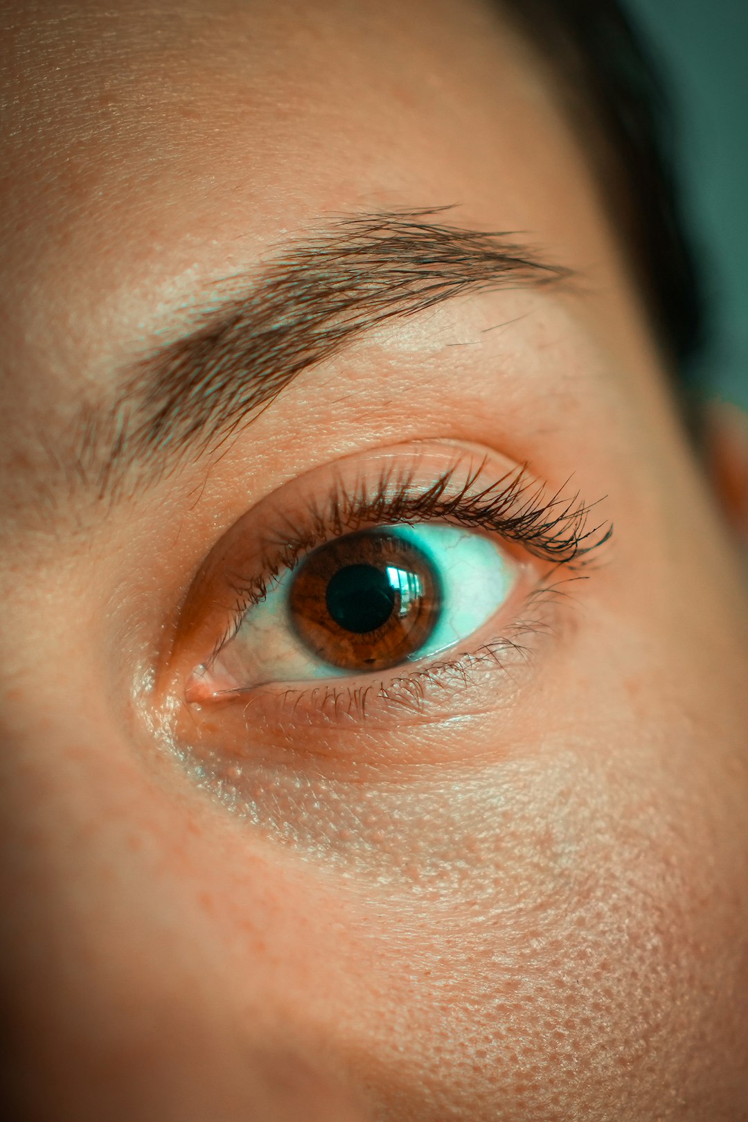 A brown human eye with visible eyelashes and eyebrow.
