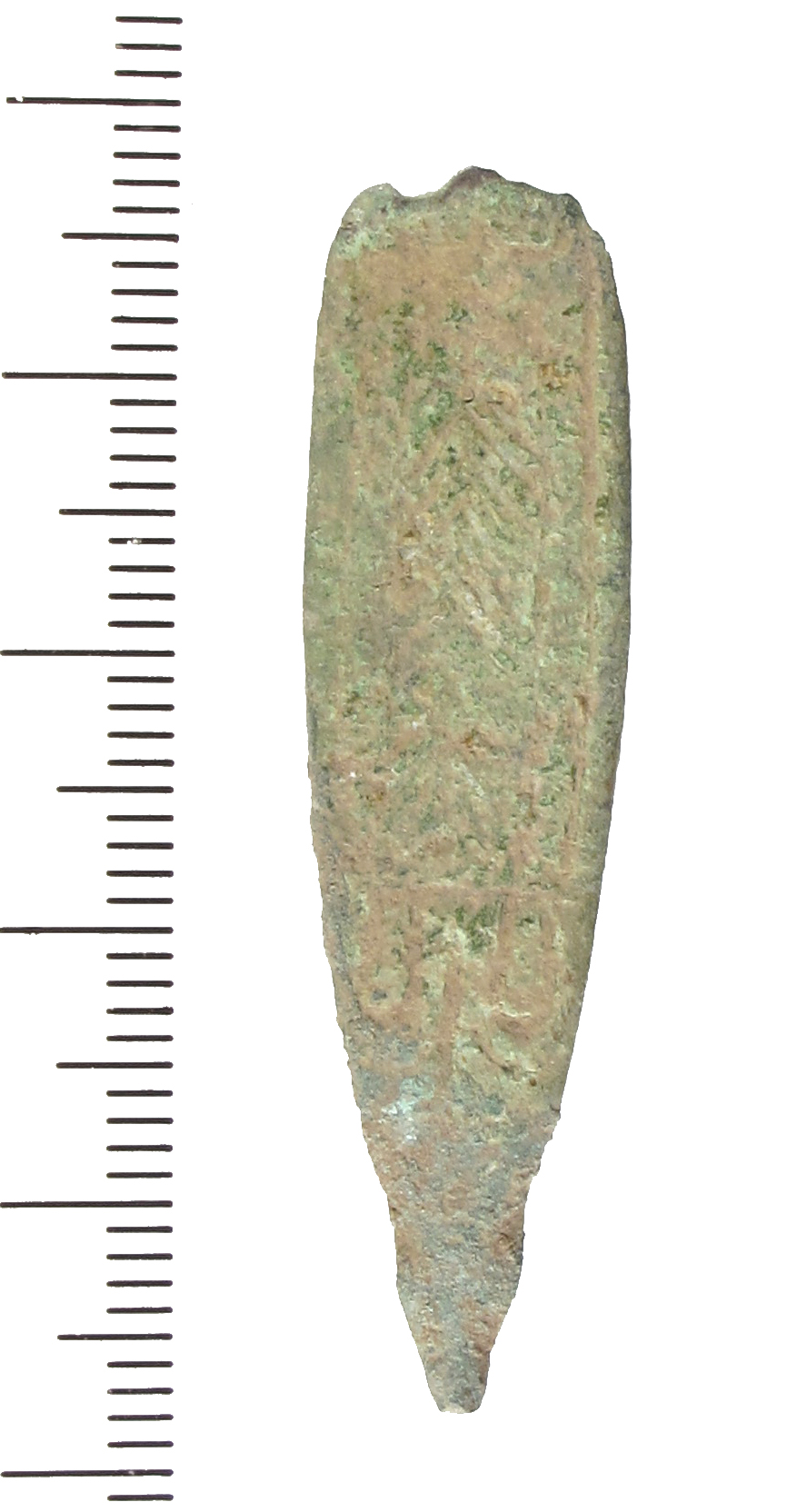 A late Saxon copper alloy strap end, Thomas type A. The strap-end is tongue-shaped and has two rivet holes at the bifurcated attachment-end. The terminal is in the form of an animal head; it is much w