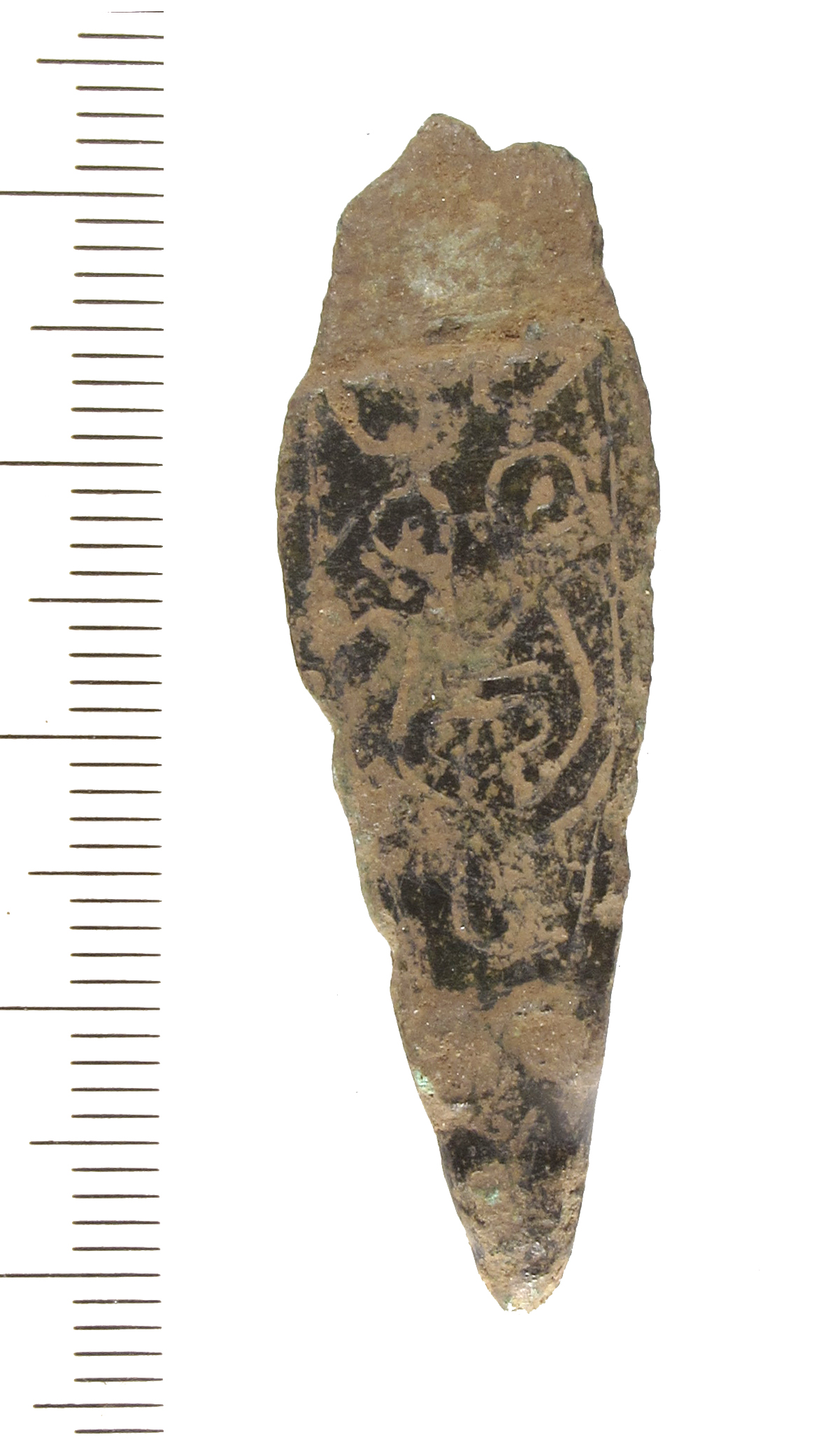 A late Saxon copper-alloy strap-end. The object is tongue-shaped and has a zoomorphic terminal. The body is decorated with an incised interlace motif. The terminal is bifurcated, and the upper panel i