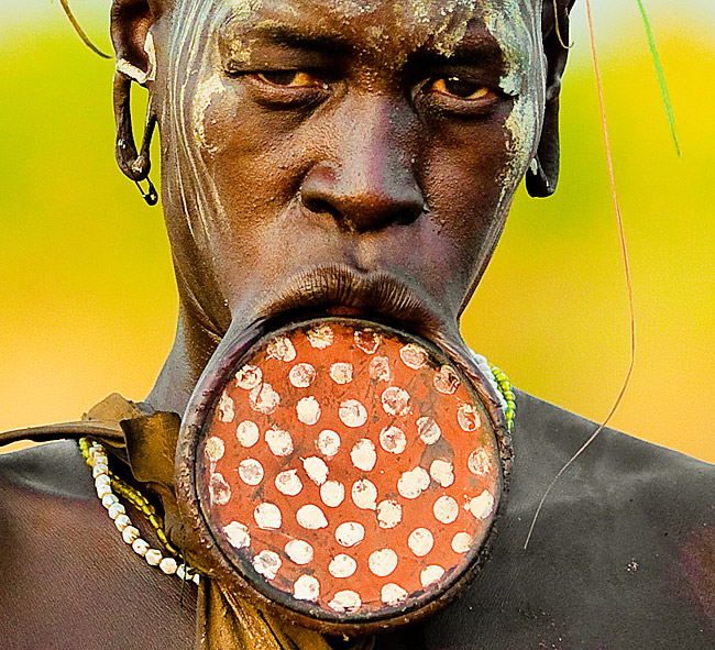 A Mursi woman with a lip plate, Ethiopia. This is a crop of the original image; only the crop was released. If using this image outside of wikipedia, please make a credit to the author -> http://ww